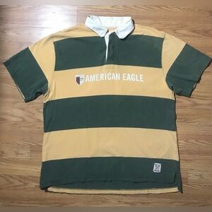 American Eagle Vintage Rugby Short Sleeve Polo Shirt Mens L Green Gold Stripes
